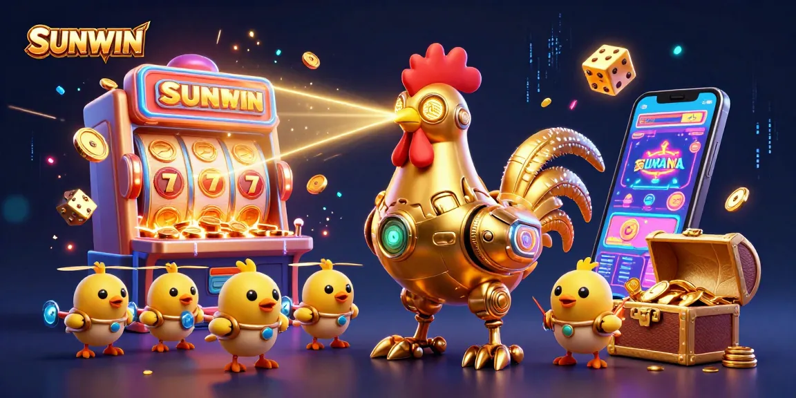 SUNWIN showcases a golden rooster robot in a dynamic casino scene filled with vibrant game elements.