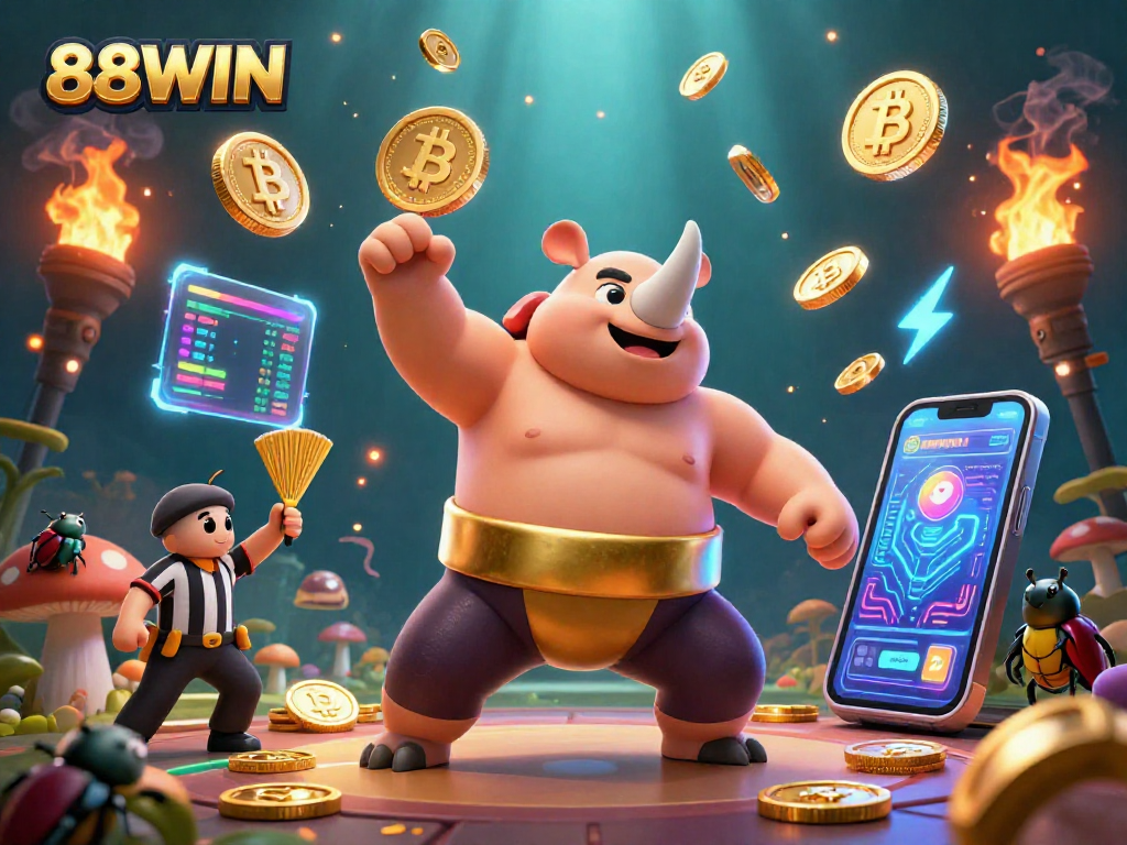 Experience 88WIN's thrilling gameplay with a vibrant 3D sumo beetle championship surrounded by crypto elements.