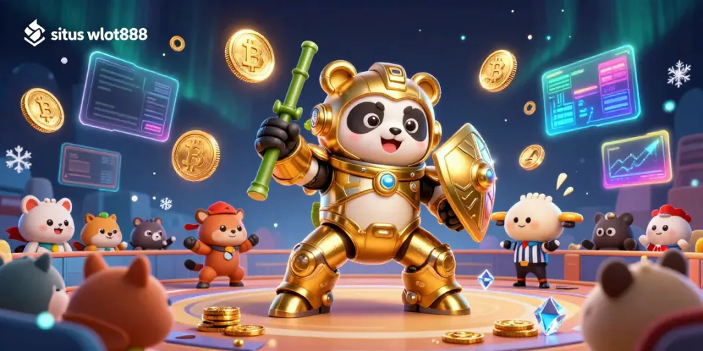 Permainan menarik di situs wslot888 dengan panda robotik dan simbol cryptocurrency.