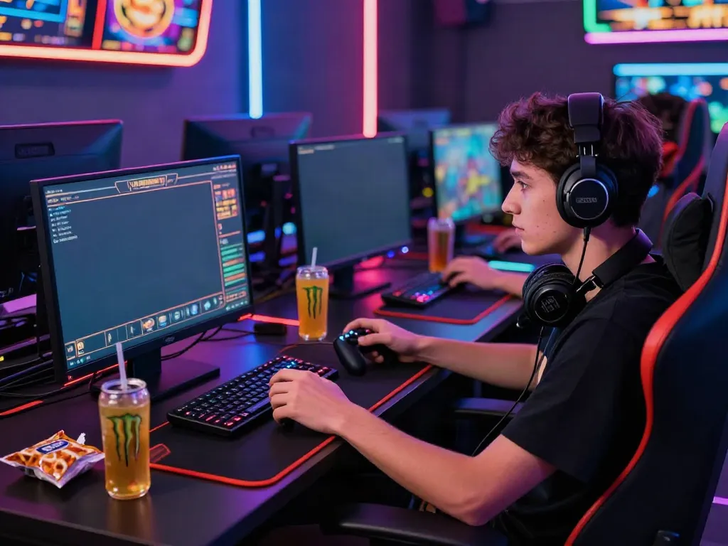 Gamer fokus berinteraksi dengan permainan slot online di https://farming.goldsilvercoindealernewyorkcity.com/ dengan pencahayaan neon yang menarik.