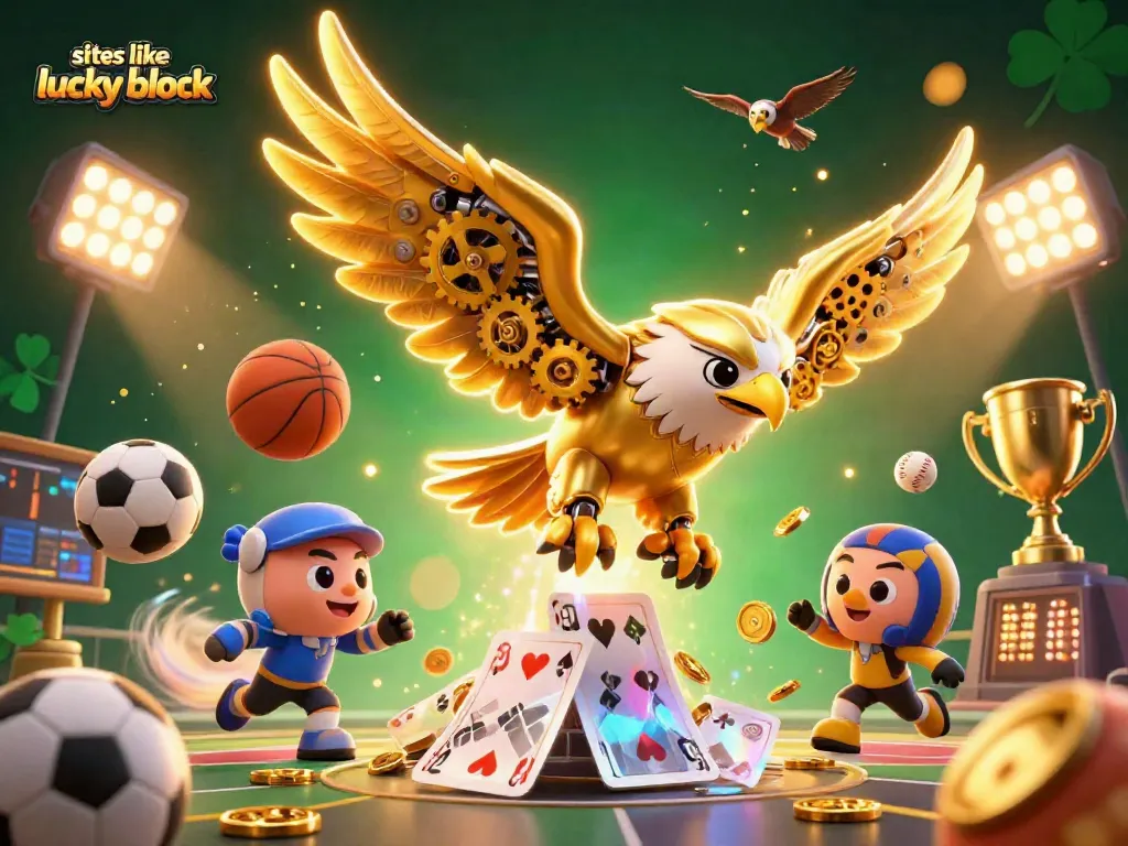 Engaging illustration of sites like lucky block featuring a cybernetic eagle amidst vibrant casino elements.
