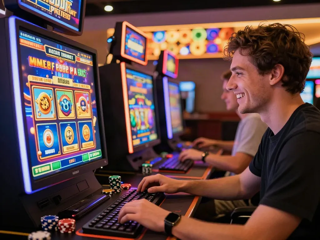 Player enjoying a slot game on a computer, surrounded by colorful gaming elements and casino atmosphere.
