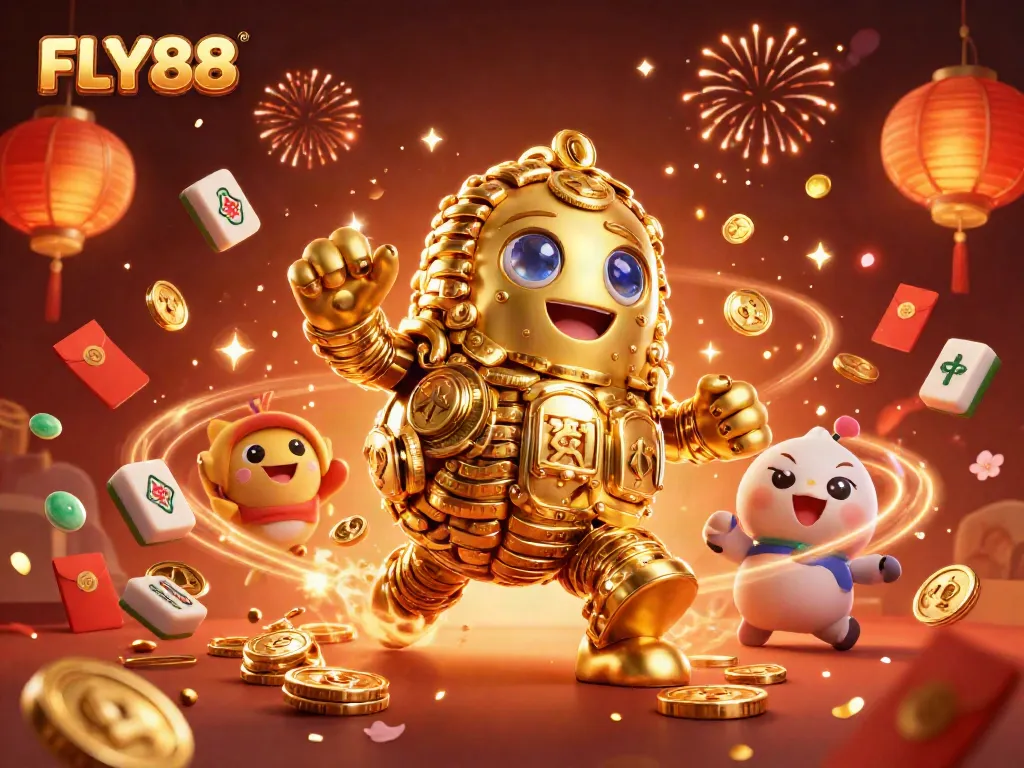 FLY88's animated golden golem surrounded by vibrant casino elements, creating an exciting gaming atmosphere.