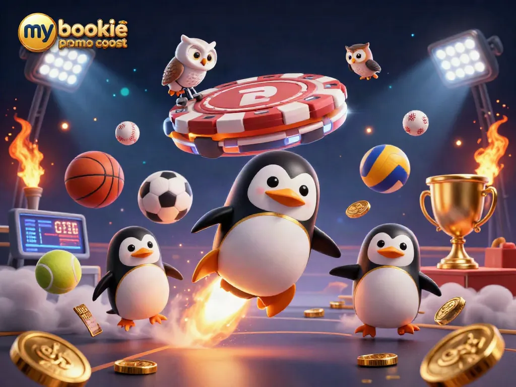 Engaging mybookie promo code no deposit scene with a golden penguin and coins in a casino space adventure.