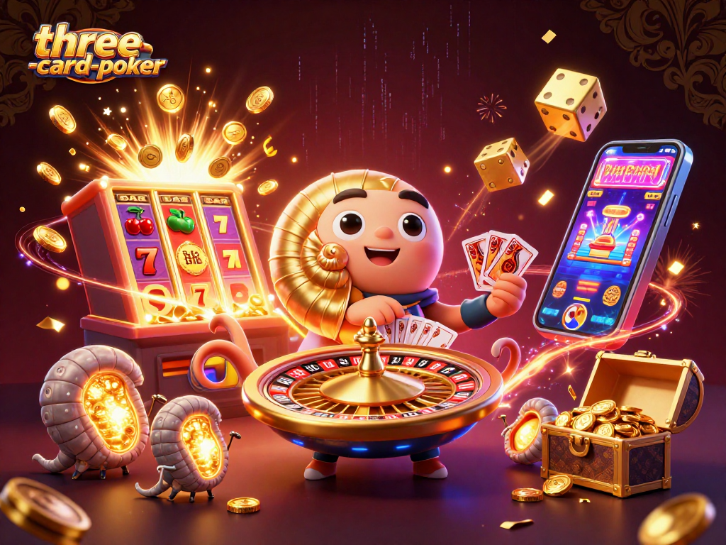 Experience three-card-poker with vibrant cards from a 3D cartoon nautilus surrounded by casino elements.