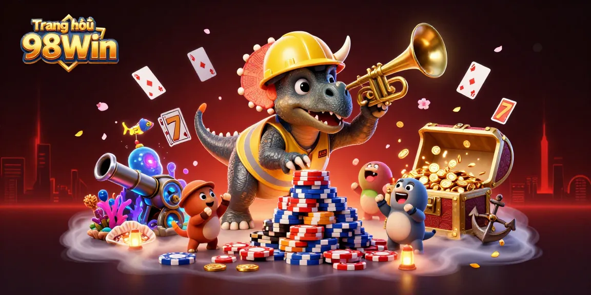 Engage with the vibrant atmosphere of Trang chủ 98Win featuring lively characters and exciting casino elements.