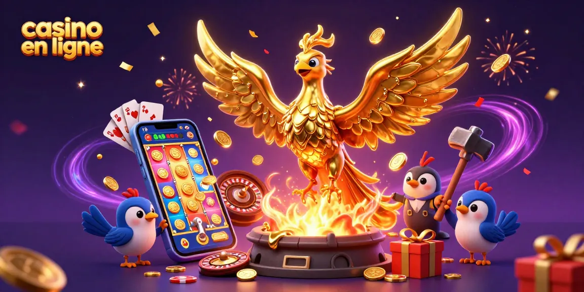 Jouer au casino en ligne avec une phénix dorée et des jeux de machines à sous colorées.