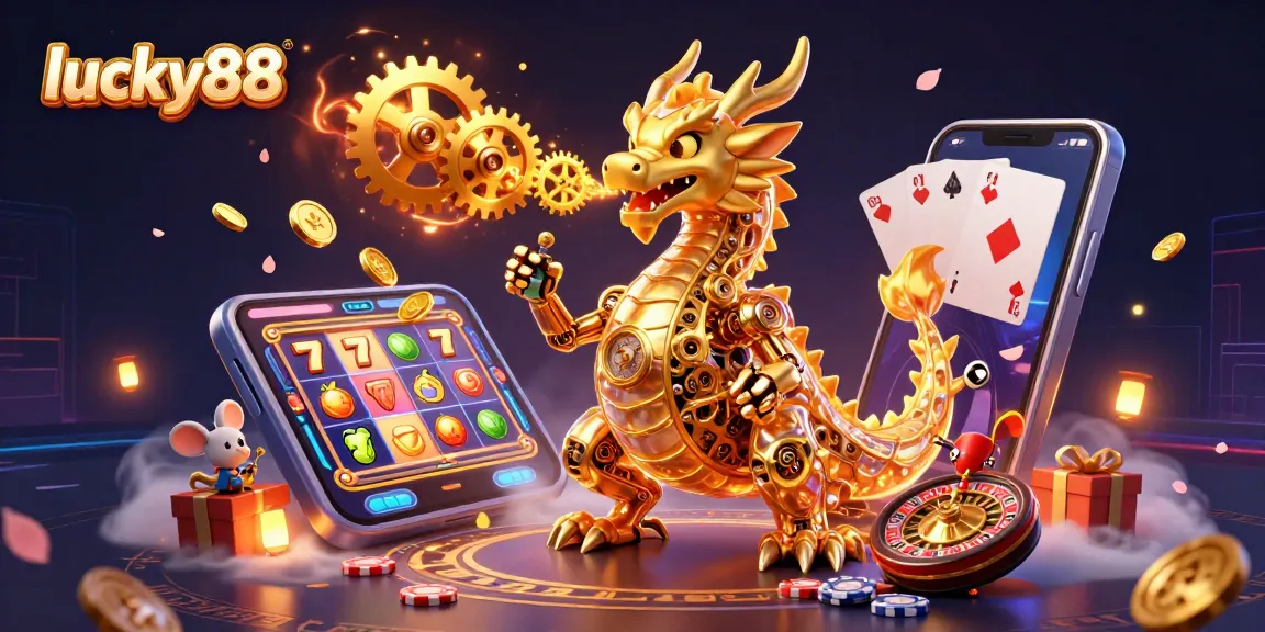 Experience lucky88 gaming with a golden dragon and dynamic casino elements in a vibrant 3D scene.