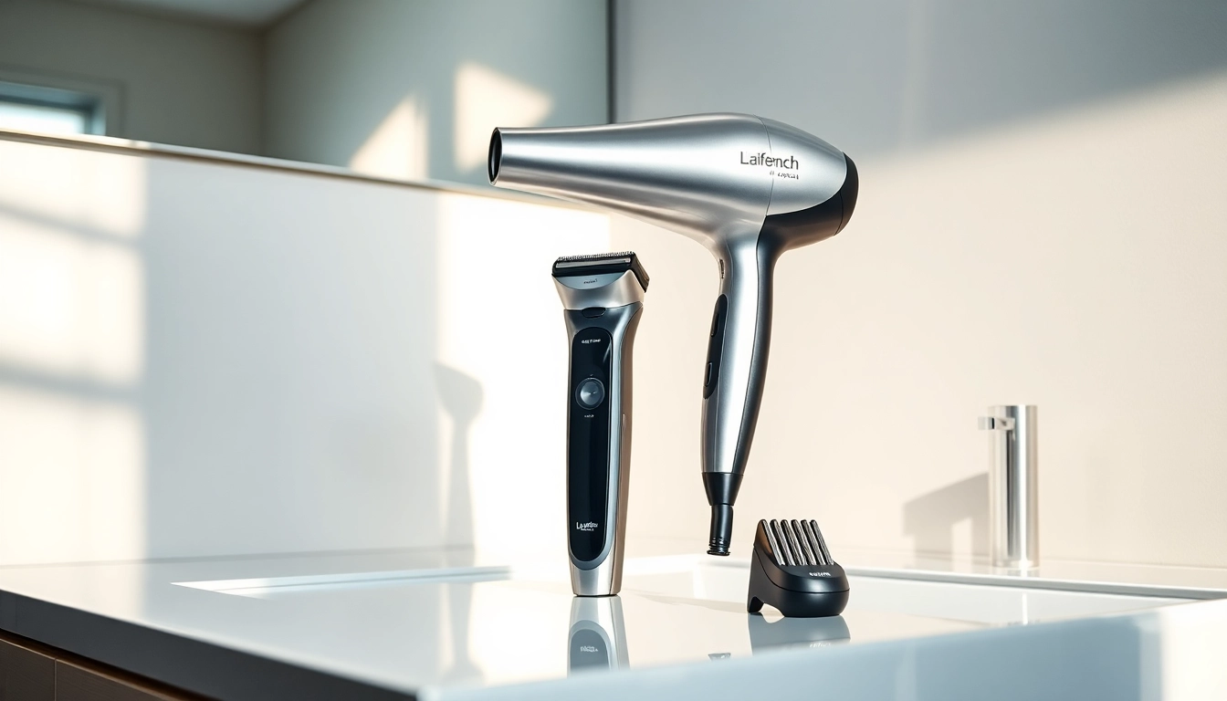 Laifentech electric grooming products arranged on a modern vanity, highlighting sleek design.