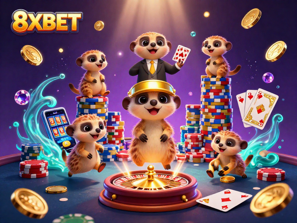 Engage in thrilling gameplay at 8XBET featuring lively meerkats running a vibrant casino with exciting gaming elements.