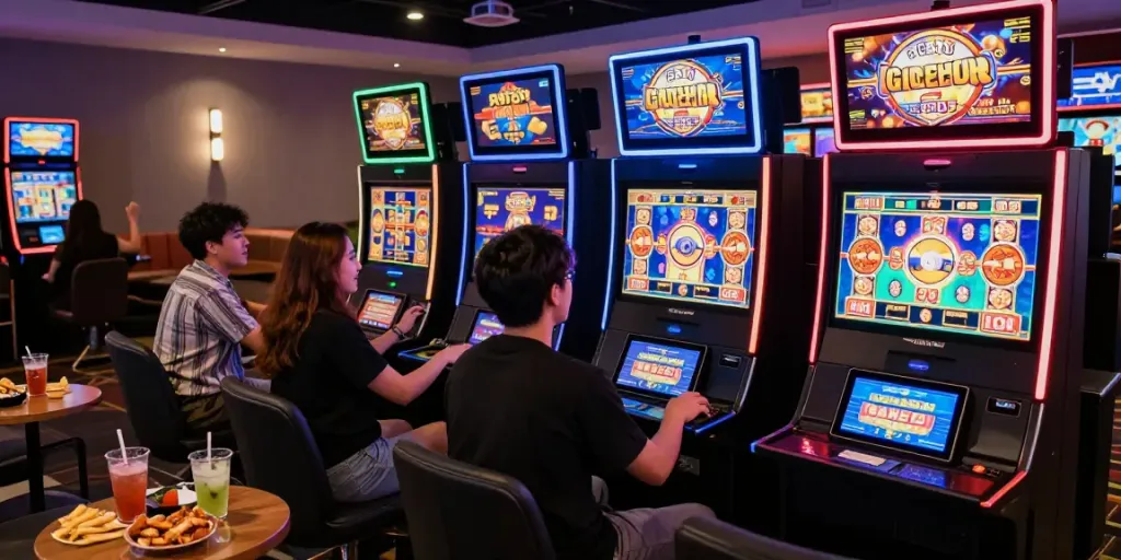 Excited users enjoying a slot gacor online experience in a vibrant casino atmosphere