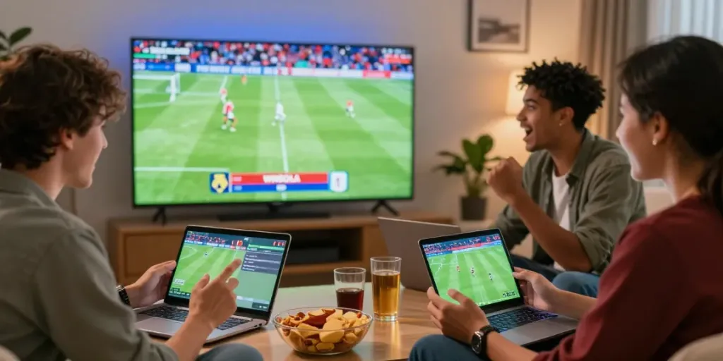 Friends enjoying sports betting on WWBOLA while watching soccer.