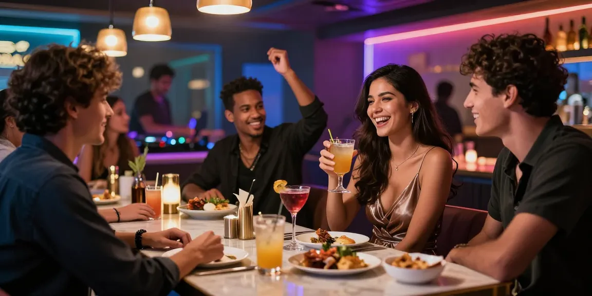 Nhóm bạn trẻ đang tận hưởng cuộc sống đêm đầy năng lượng tại quán bar sang trọng với không gian vui vẻ, sáng tạo. Gái gọi cùng bạn bè thể hiện phong cách sống.