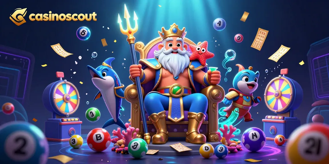 Play exciting games at casinoscout while enjoying colorful lottery elements and a vivid underwater scene with Neptune and friends.