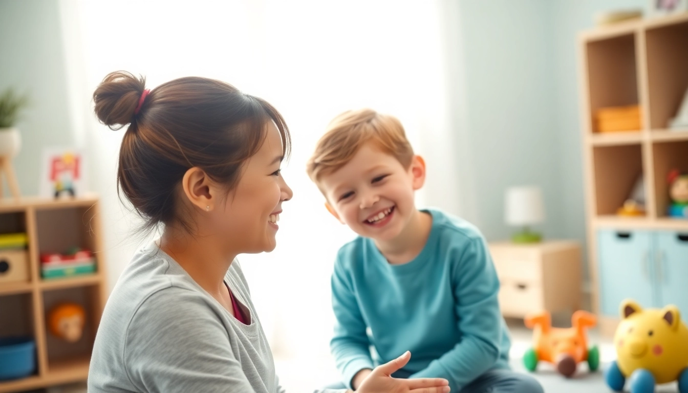 Engaging early intervention ABA session between a child and therapist in a vibrant therapy room.