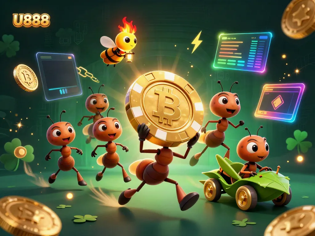Engage with U888's thrilling gameplay featuring animated ants on a heist with vibrant crypto coins