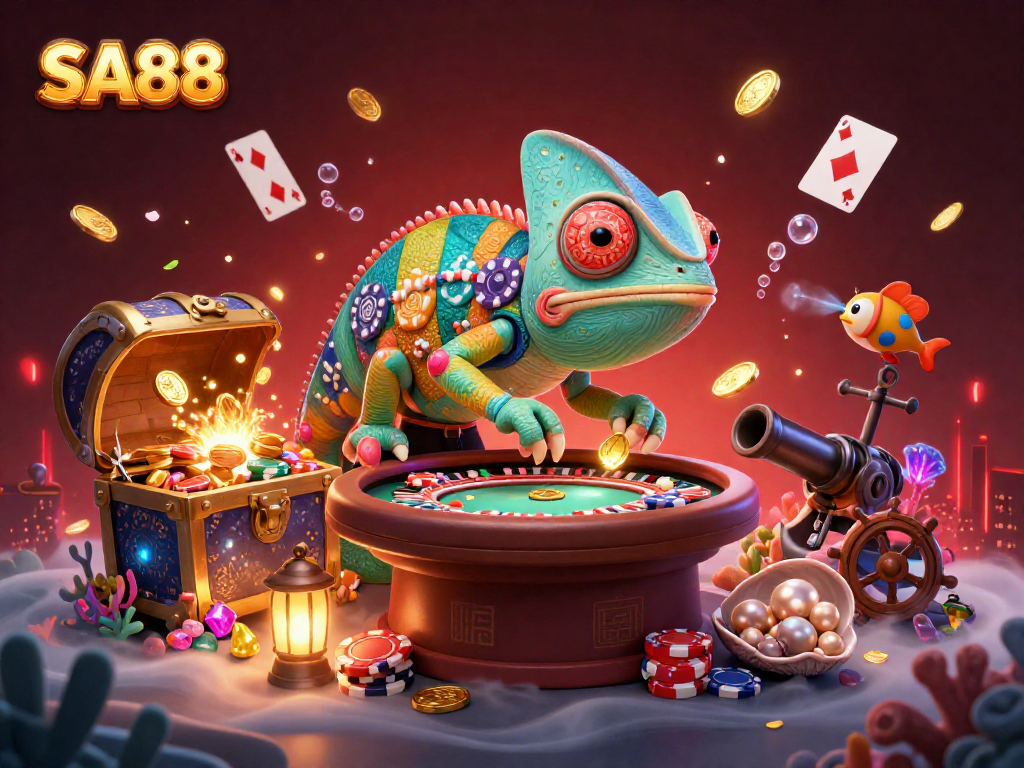 SA88 casino owner chameleon capturing golden coins in an underwater treasure adventure.