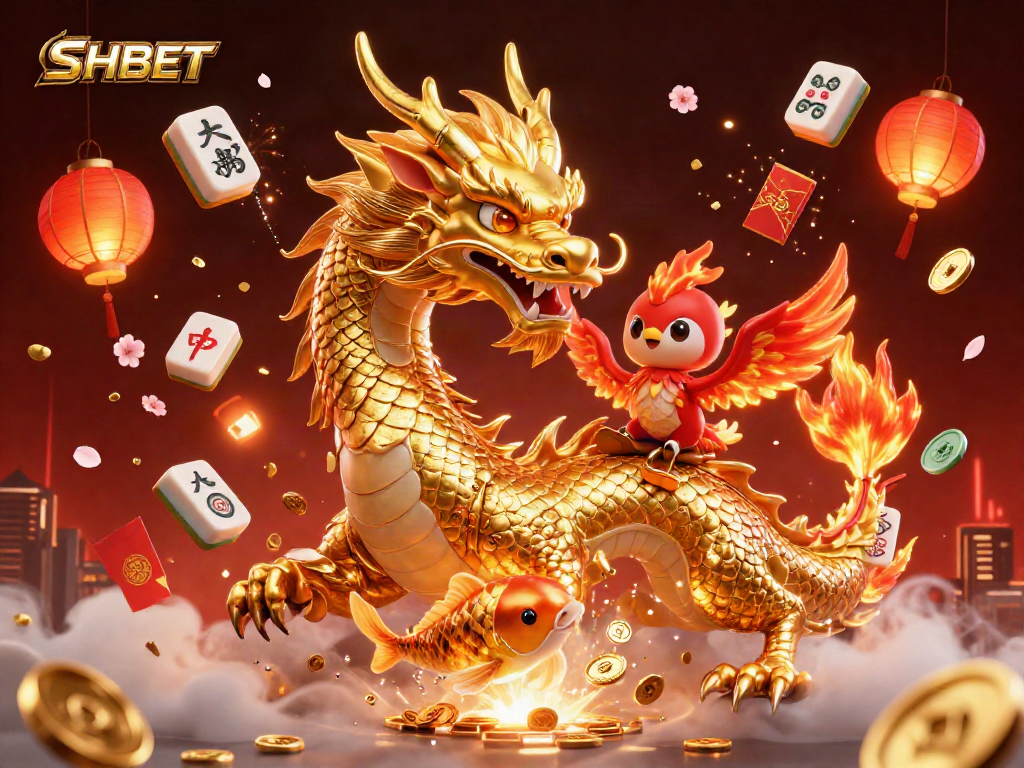 Engage in thrilling SHBET gameplay with majestic dragon, phoenix, and koi fish amidst vibrant decorations.