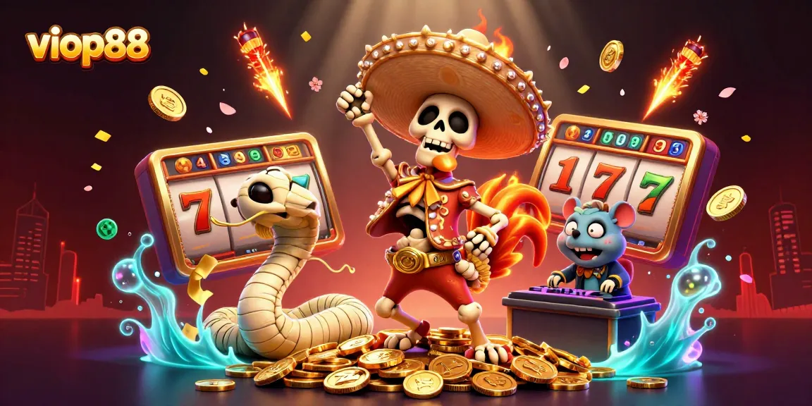 Experience exciting slot games at viop88 with vibrant characters and golden coins in a playful casino scene.