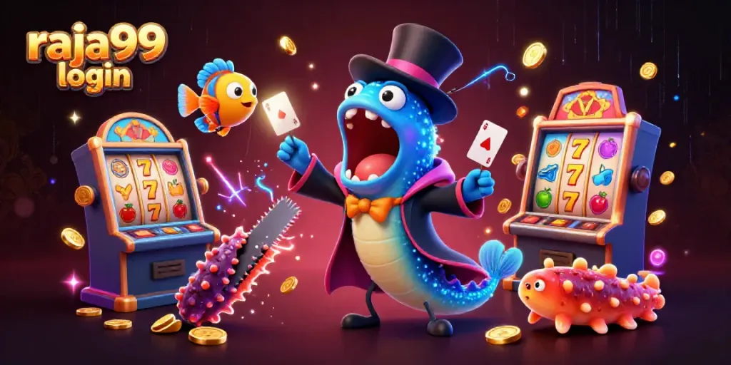 Engage with raja99 login at a vibrant casino scene featuring a magical deep-sea eel performing tricks.