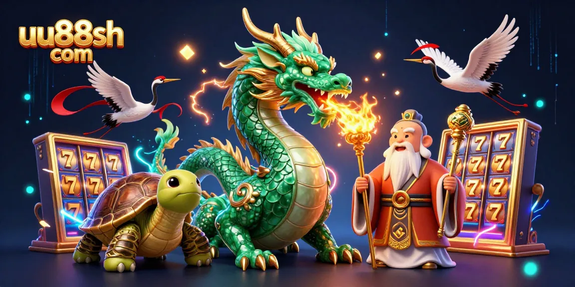 Engage with exciting slots at uu88sh com, featuring emerald jade dragon and dynamic jackpot reels in a vibrant casino scene.