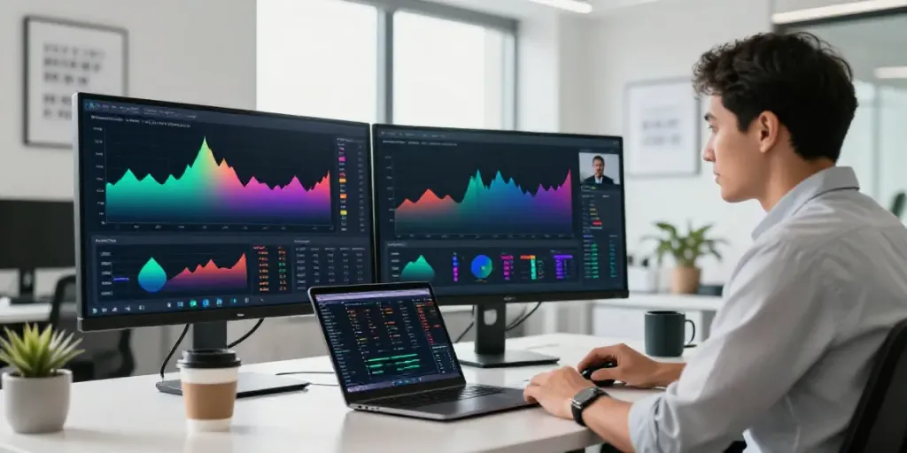 Dynamic TradingView analysis scene with trader reviewing charts and data.