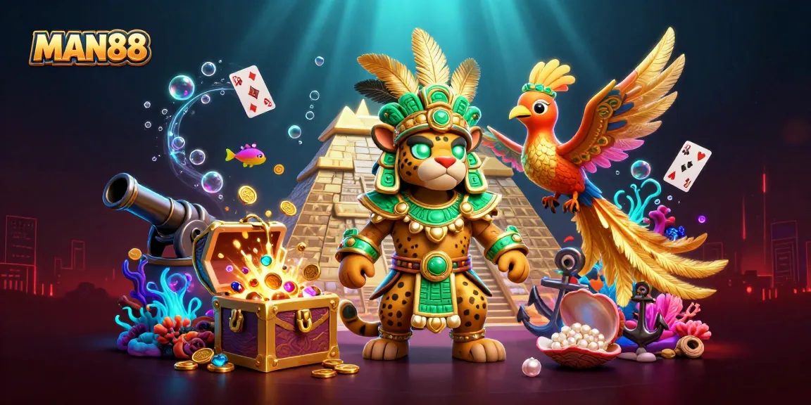 Engage with MAN88's thrilling gaming scene featuring vibrant characters and casino elements.