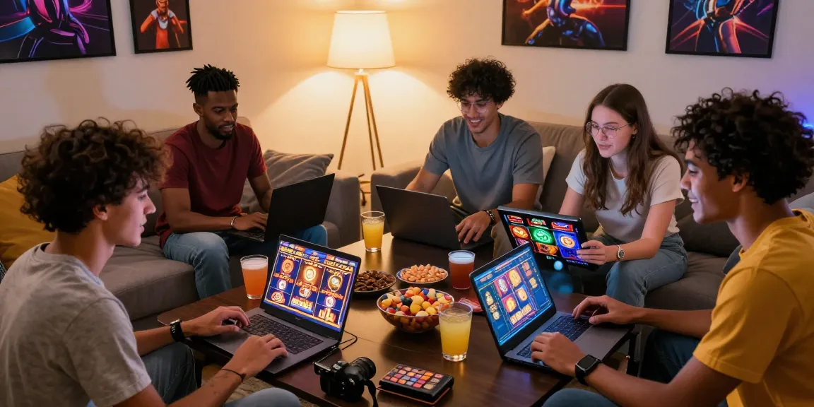 Friends enjoying situs raja gaming night with Zeus slots in cozy setting