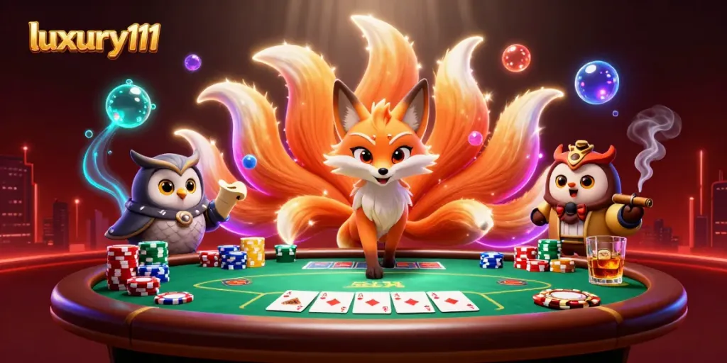 Experience luxury111 at the casino with a vibrant poker scene featuring glowing characters and rich gameplay elements.