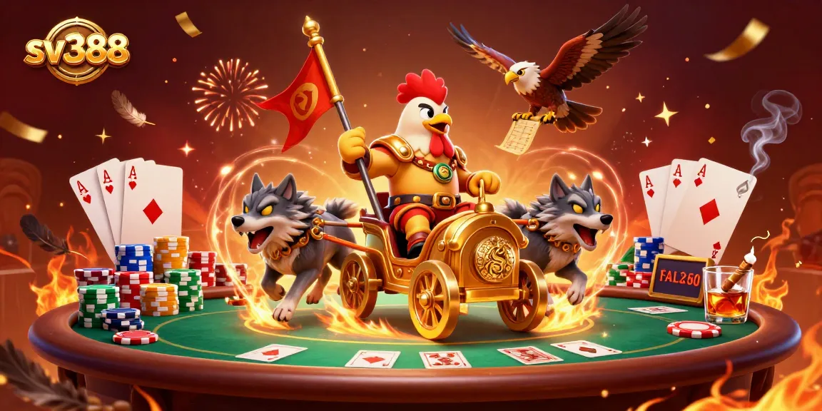Engage with sv388 cockfighting action featuring a rooster warlord, golden war chariot, and dynamic casino elements