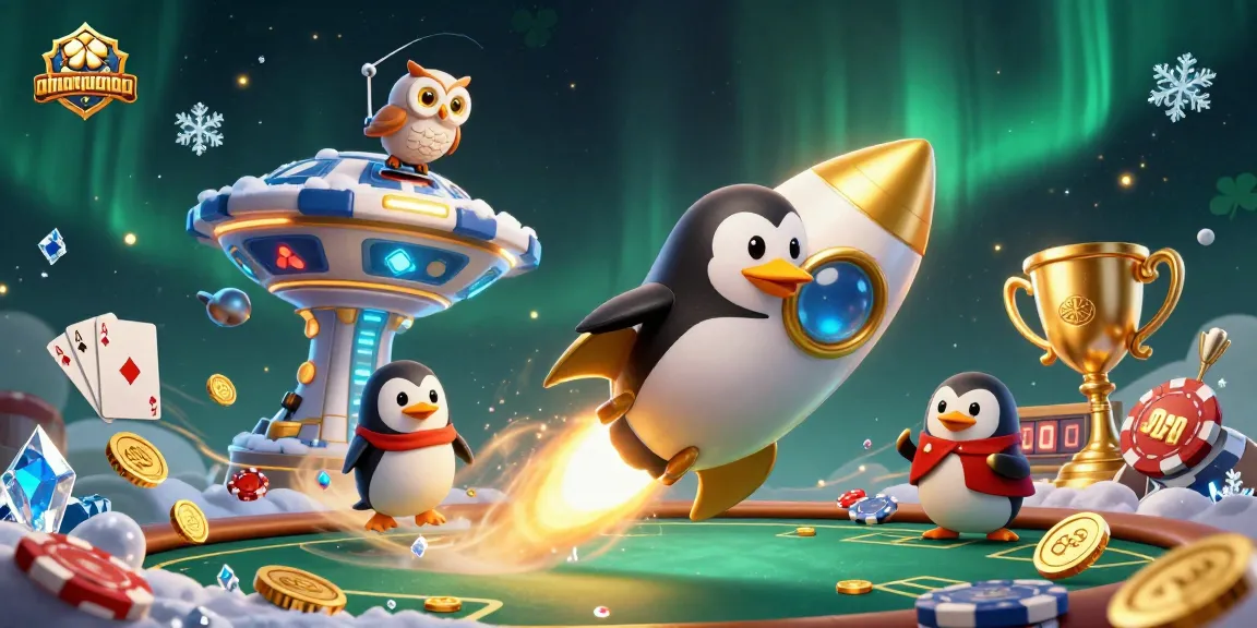 Engage with nhanquagamebai's dynamic poker scene featuring a golden penguin and vibrant poker elements.