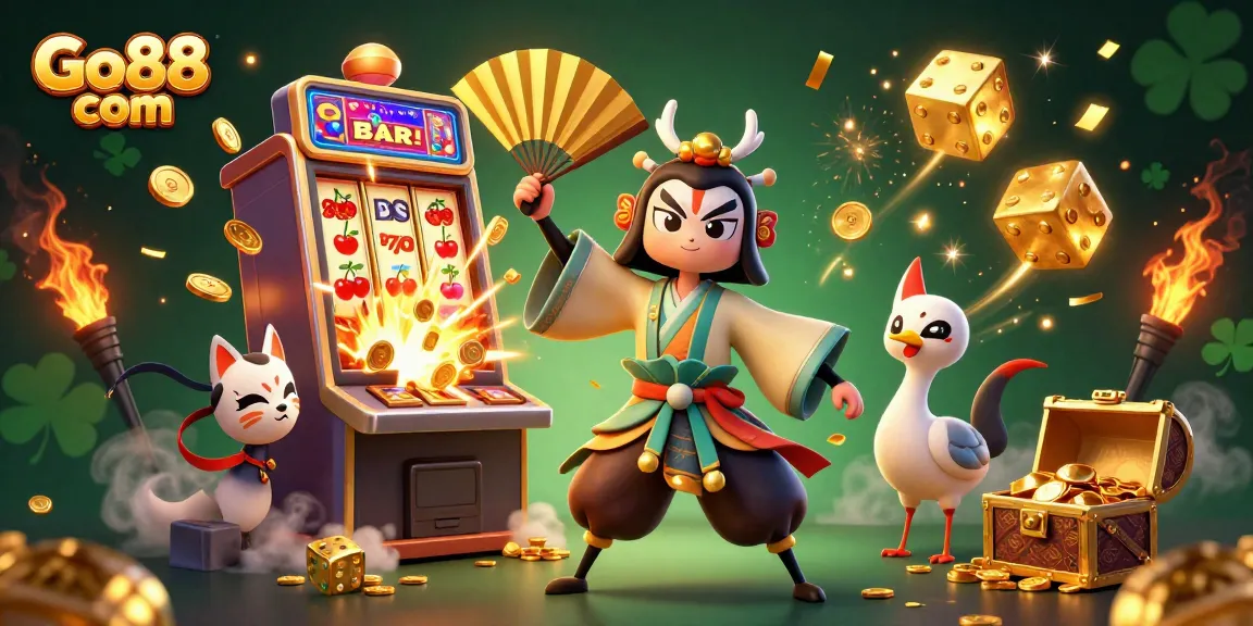 Experience the thrill at Go88 com with a vibrant, action-filled casino scene featuring slots and traditional elements.