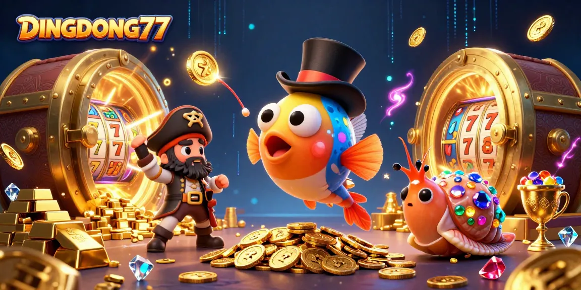 DINGDONG77 attracts players with vivid 3D cartoon characters amidst slots and treasure in a casino scene.