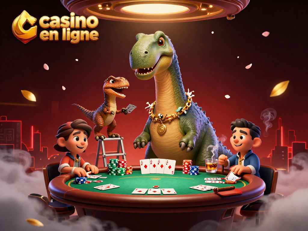 Venez jouer au casino en ligne avec ce brontosaurus devenu croupier dans un univers ludique plein de cartes et de jetons.