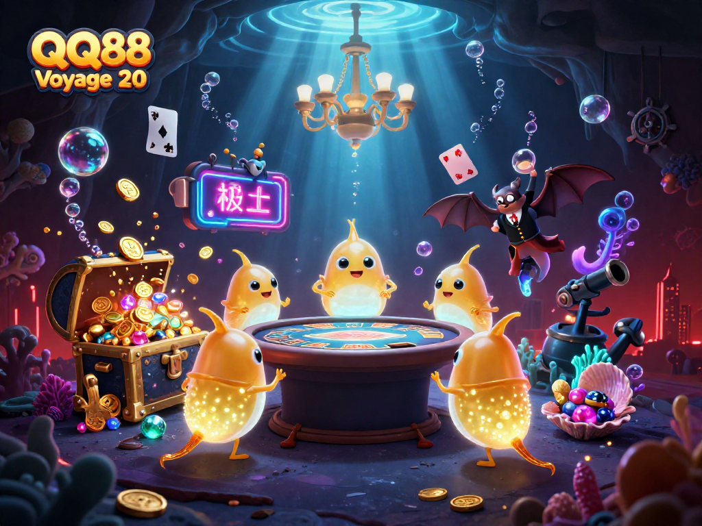 Illuminate your gaming adventure with QQ88 Voyage 20's captivating glowworm casino scene featuring unique games and treasures.