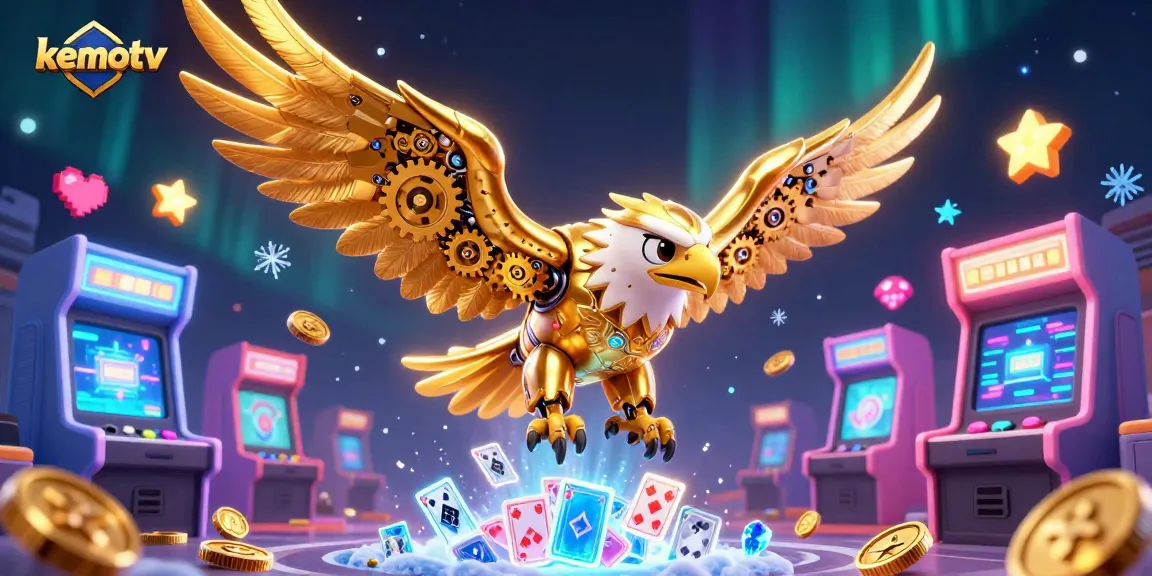 Watch kemotv with endless gaming excitement, featuring a dynamic scene of a golden eagle soaring amidst casino elements.