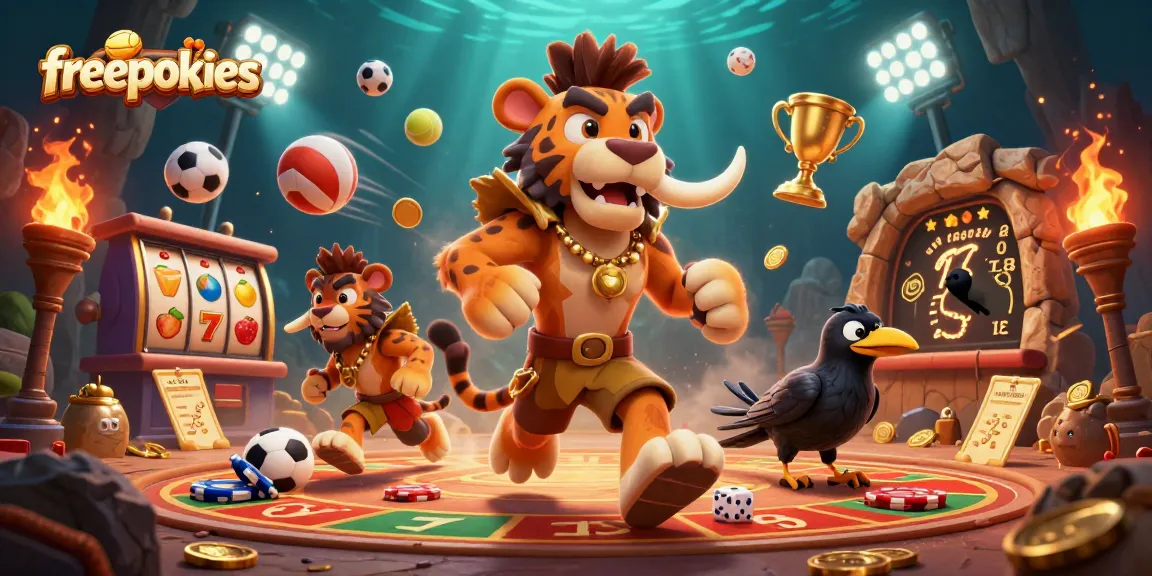 Experience the excitement of freepokies with playful characters in a vibrant 3D casino scene.