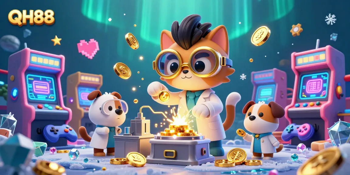 Join the fun at QH88 with a mad scientist cat and loyal dog in a vibrant, gaming-inspired scene.