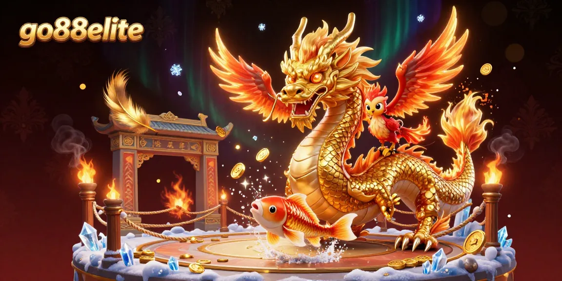 Engage in thrilling gameplay at go88elite with a fierce dragon and vibrant phoenix amid swirling golden coins.