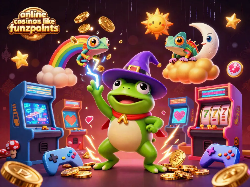 Engage with online casinos like funzpoints, featuring dynamic golden coins, a colorful gaming scene, and unique characters.