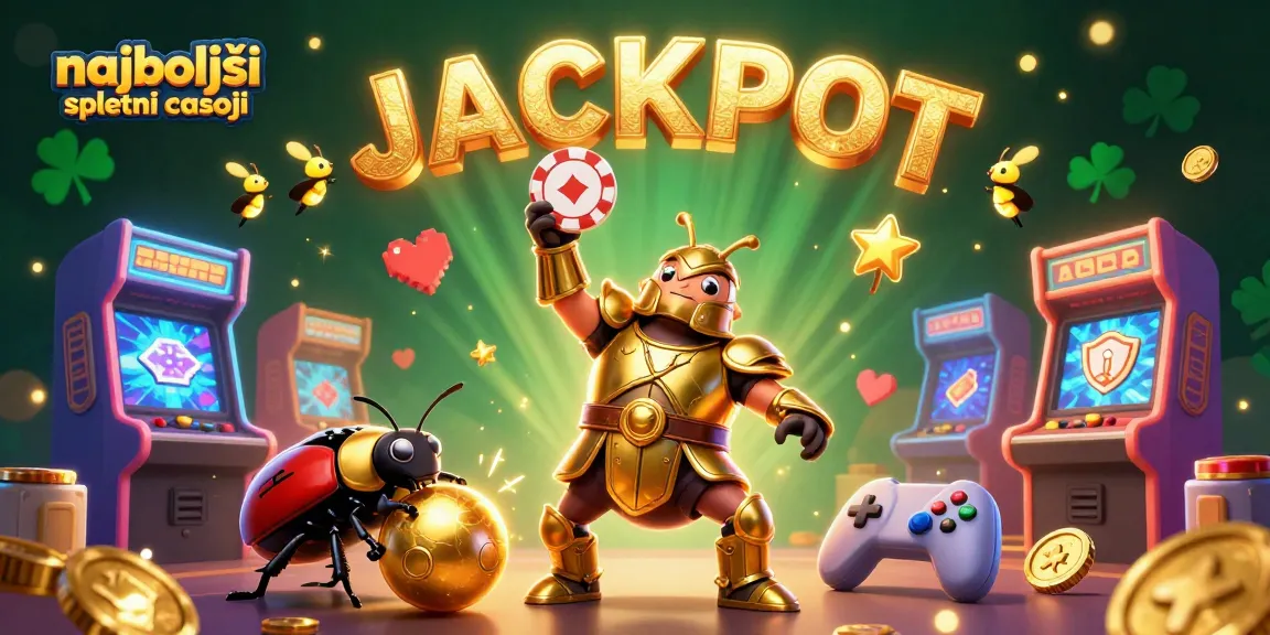 Priljubljena scena z najboljšimi spletnimi casinoji, kjer herkulov hrošč slavi s poker žetonom.