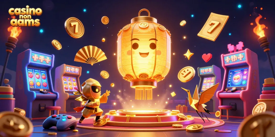 Illustrazione 3D dettagliata 'casino non aams' con simboli di slot e guerrieri d’origami, vibrante atmosfera di gioco.