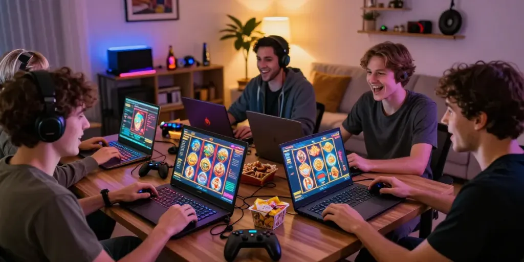 Pengalaman slot online dengan pemain antusias memutar mesin slot virtual di kenyamanan ruang tamu.