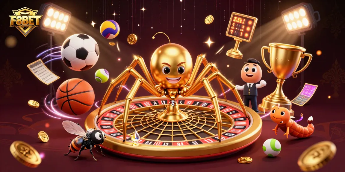 Spin the roulette at F8BET with a golden spider and dynamic sports elements in this vibrant 3D illustration.