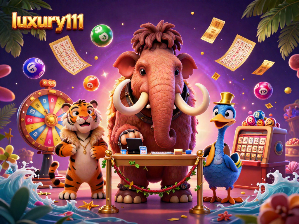 Enter the lottery world with luxury111 and a dynamic illustration of casino characters.