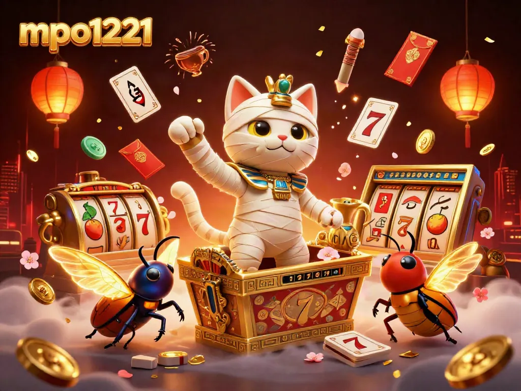 Engage with mpo1221 in this vibrant 3D casino scene featuring an Egyptian mummy cat, slot reels, and rich casino ambiance.