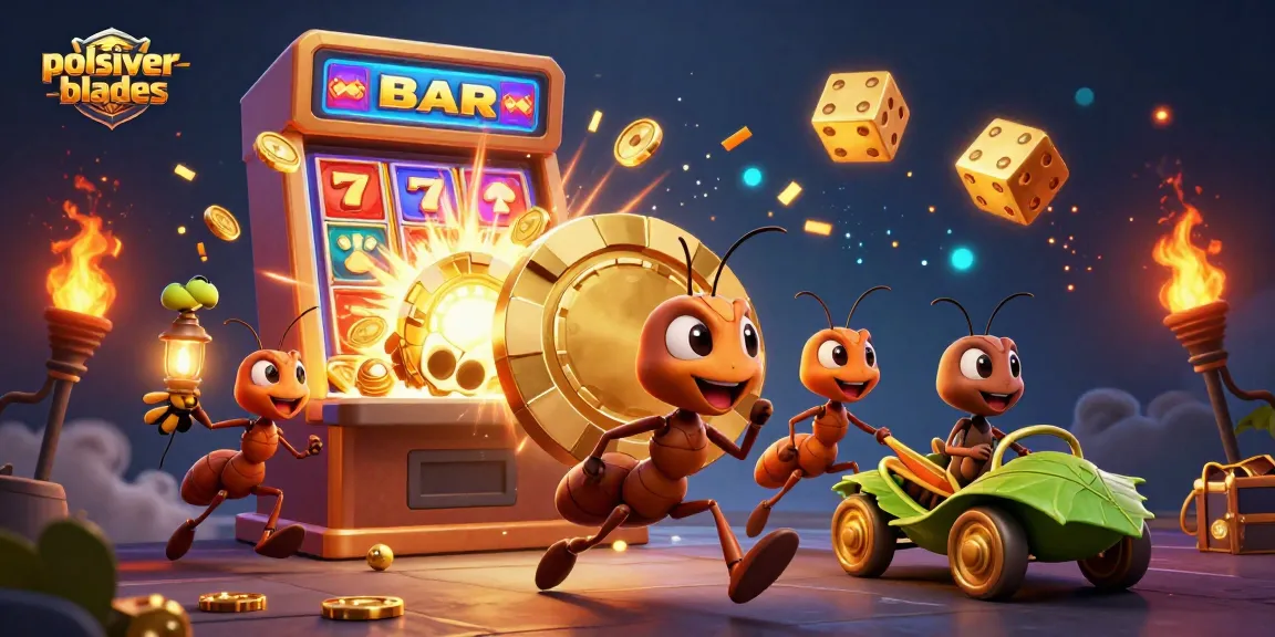 Engage in an exciting casino adventure with polsilver-blades as ants heist a giant poker chip amidst vibrant slot machine action.