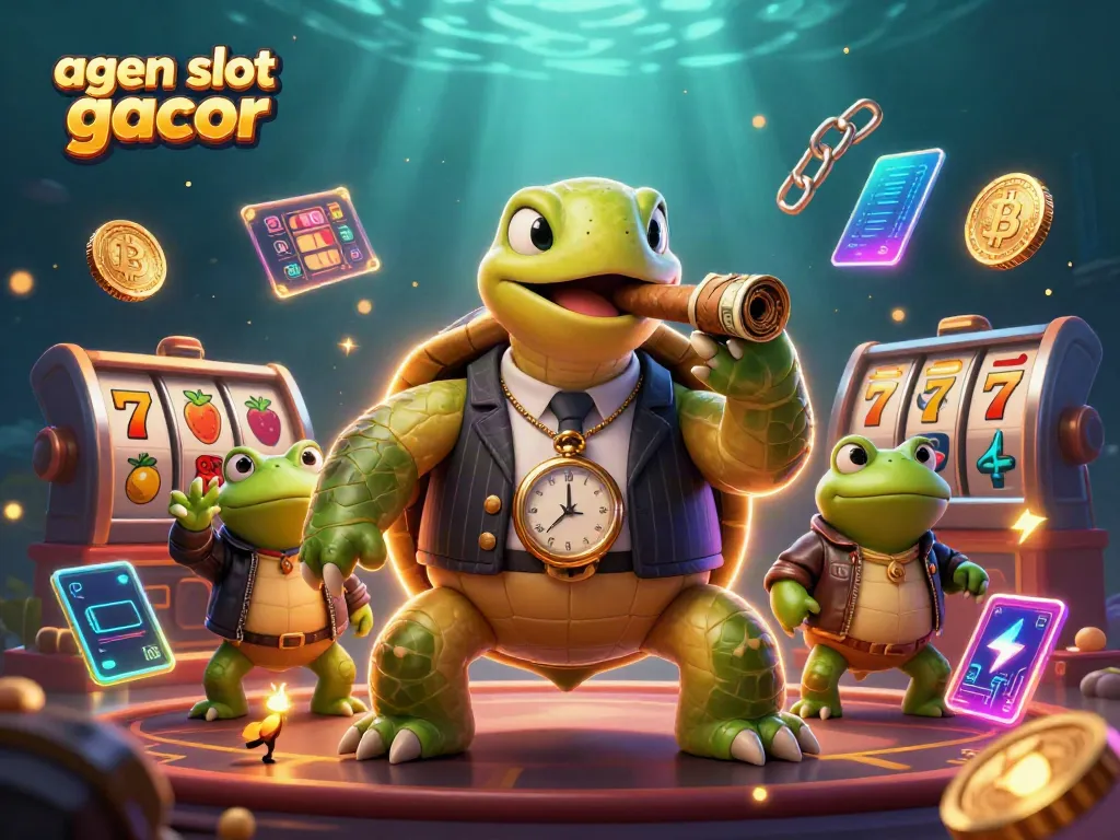Engage in thrilling spins with agen slot gacor, featuring a whimsical turtle mobster and casino-inspired elements.