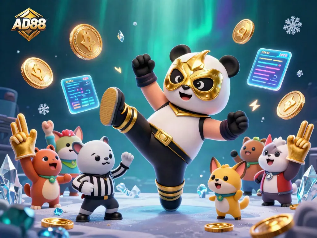 AD88 showcases an exhilarating scene of a panda wrestler flying kick amid crypto elements and cheering fans.