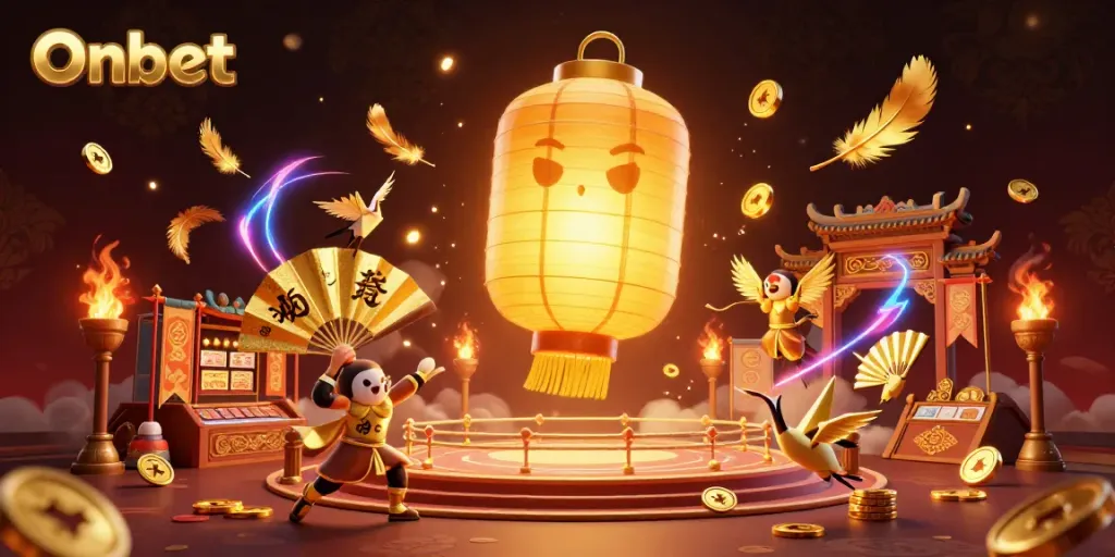 Experience the Onbet gaming excitement with a vibrant, festive Casino scene filled with lucky symbols.